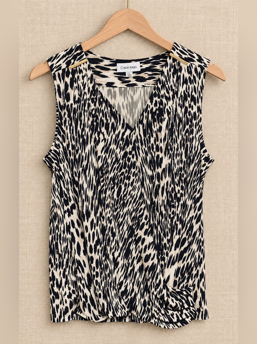 Calvin Klein L Abstract Animal Print Draped V-Neck Sleeveless Top - Picture 2 of 5